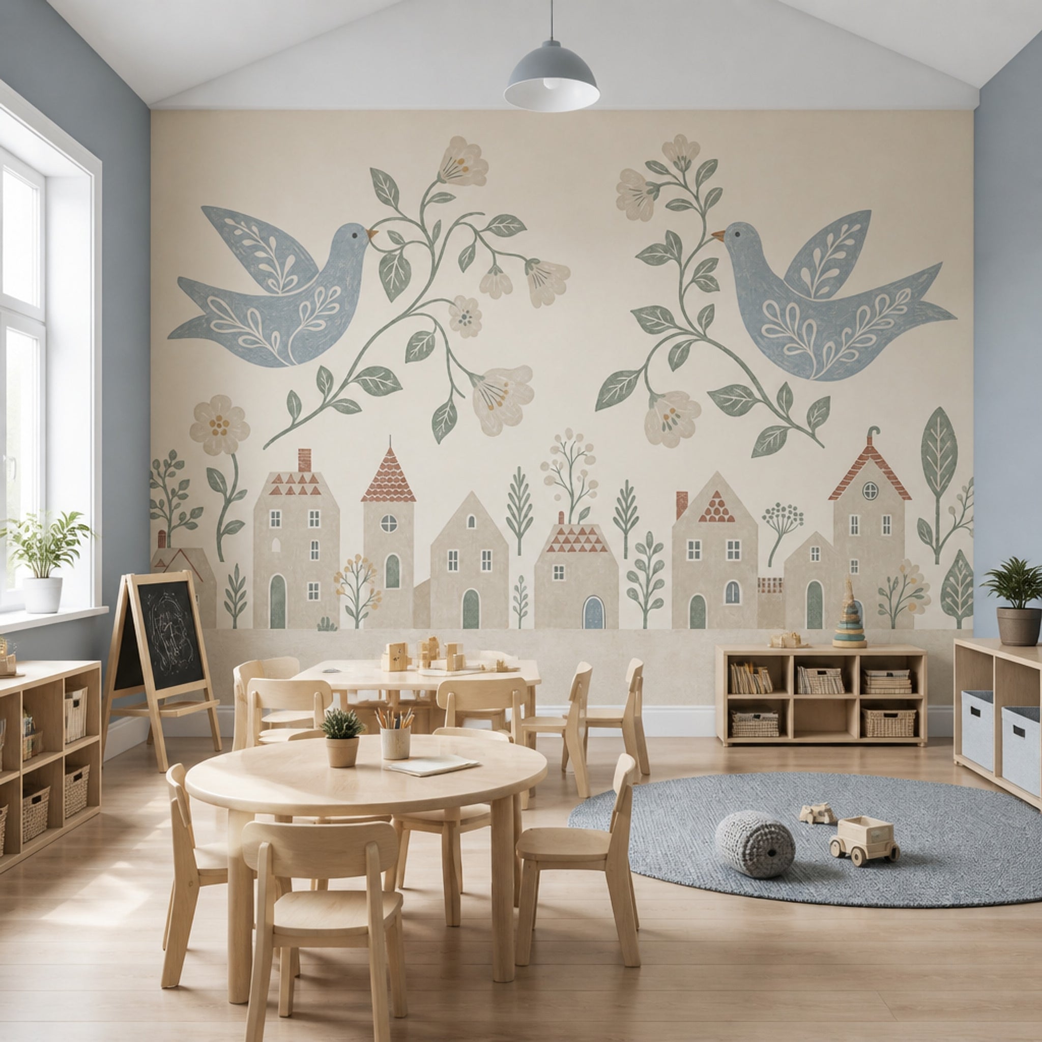 Folk Art Wallpaper Birds Scandinavian Removable Wall Decor