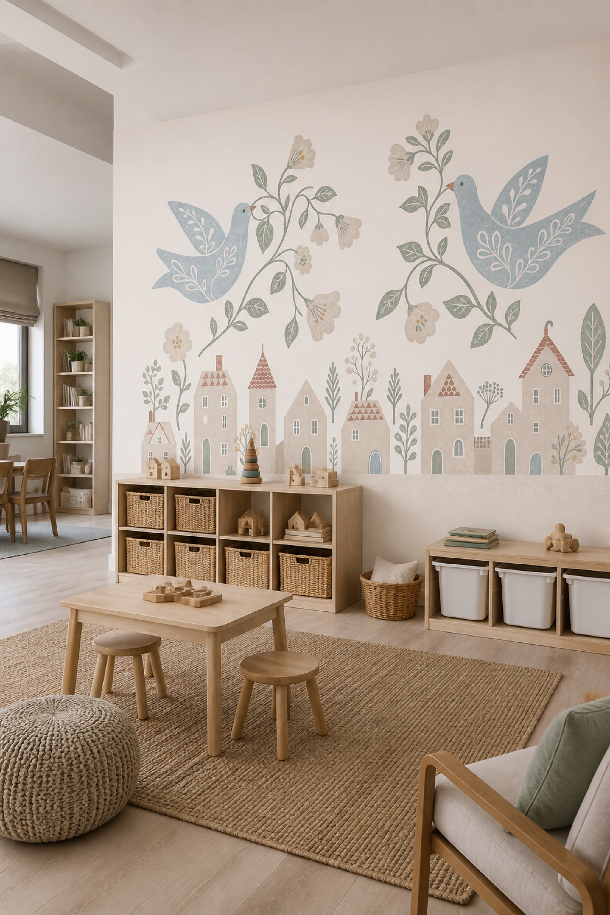 Folk Art Wallpaper Birds Scandinavian Removable Wall Decor