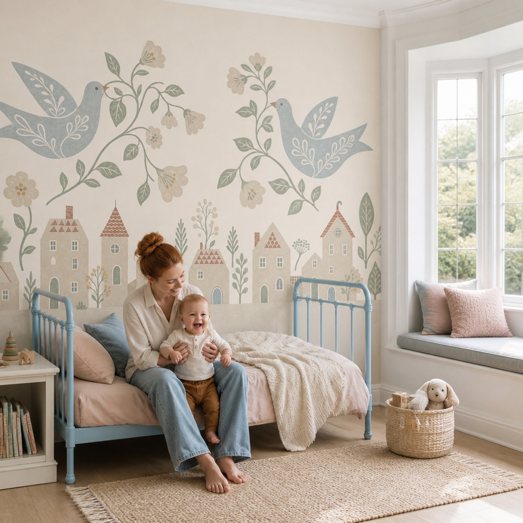 Folk Art Wallpaper Birds Scandinavian Removable Wall Decor