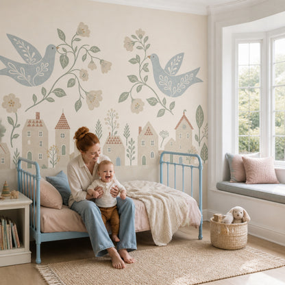 Folk Art Wallpaper Birds Scandinavian Removable Wall Decor