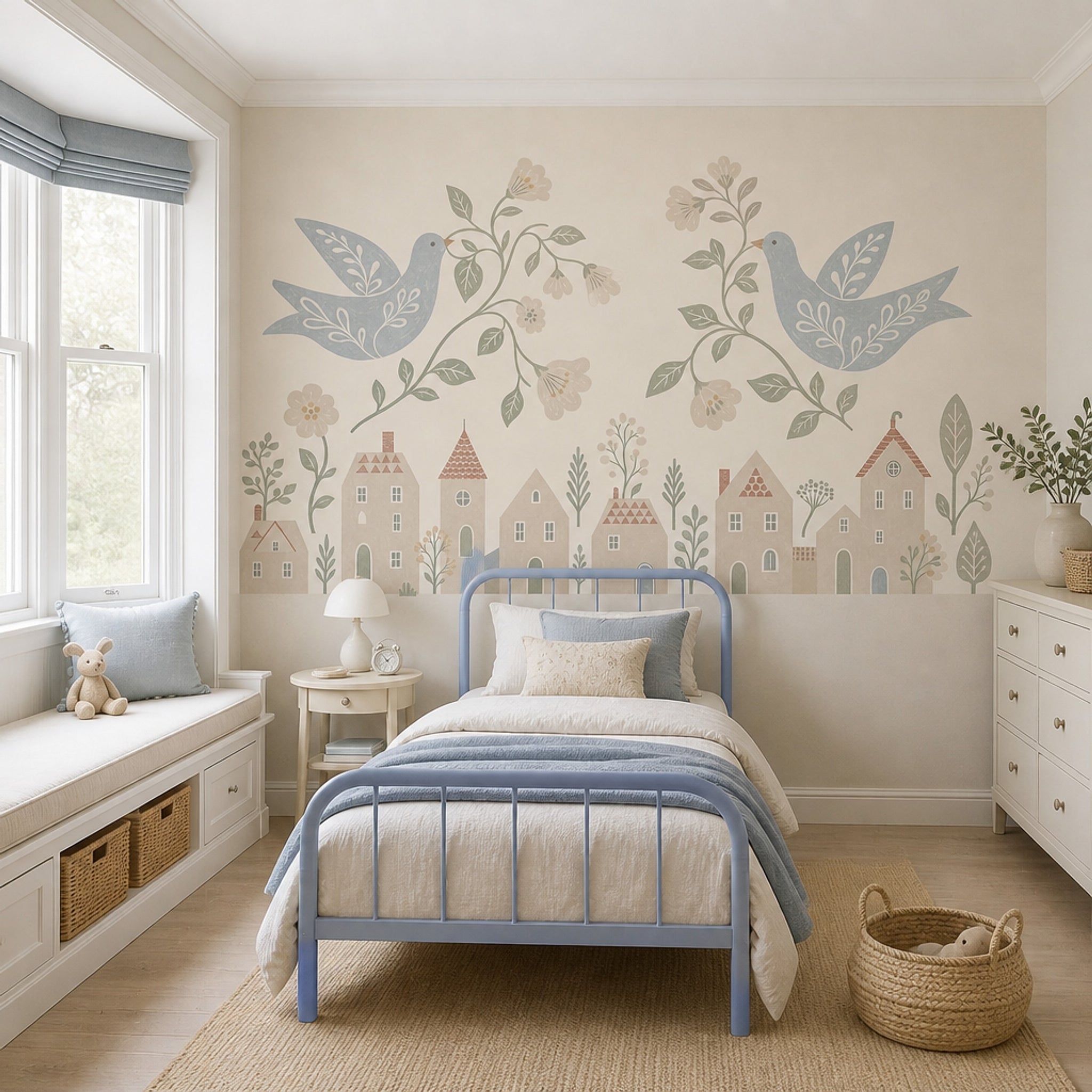 Folk Art Wallpaper Birds Scandinavian Removable Wall Decor