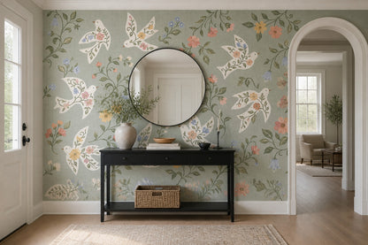 Floral Birds Wallpaper White Doves Sage Green Wall Mural