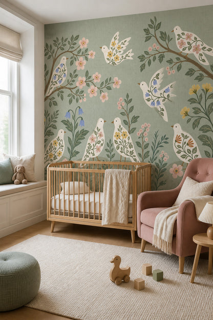 Floral Birds Wallpaper Botanical Removable Folk Art Wall Decor