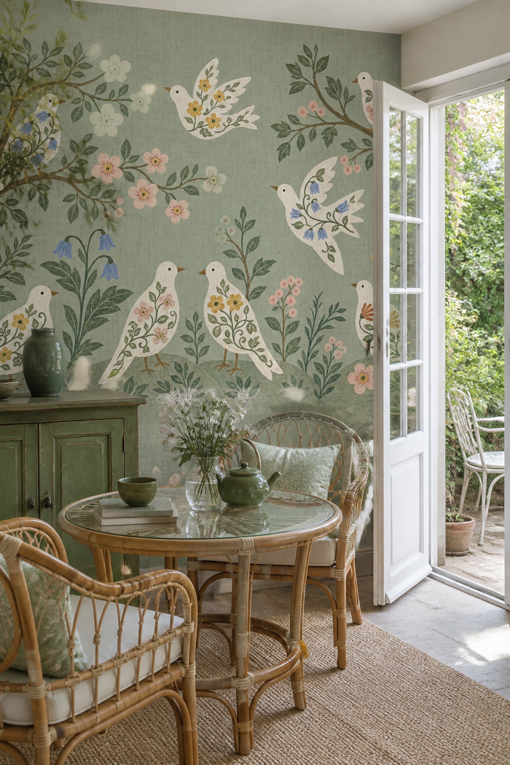 Floral Birds Wallpaper Botanical Removable Folk Art Wall Decor
