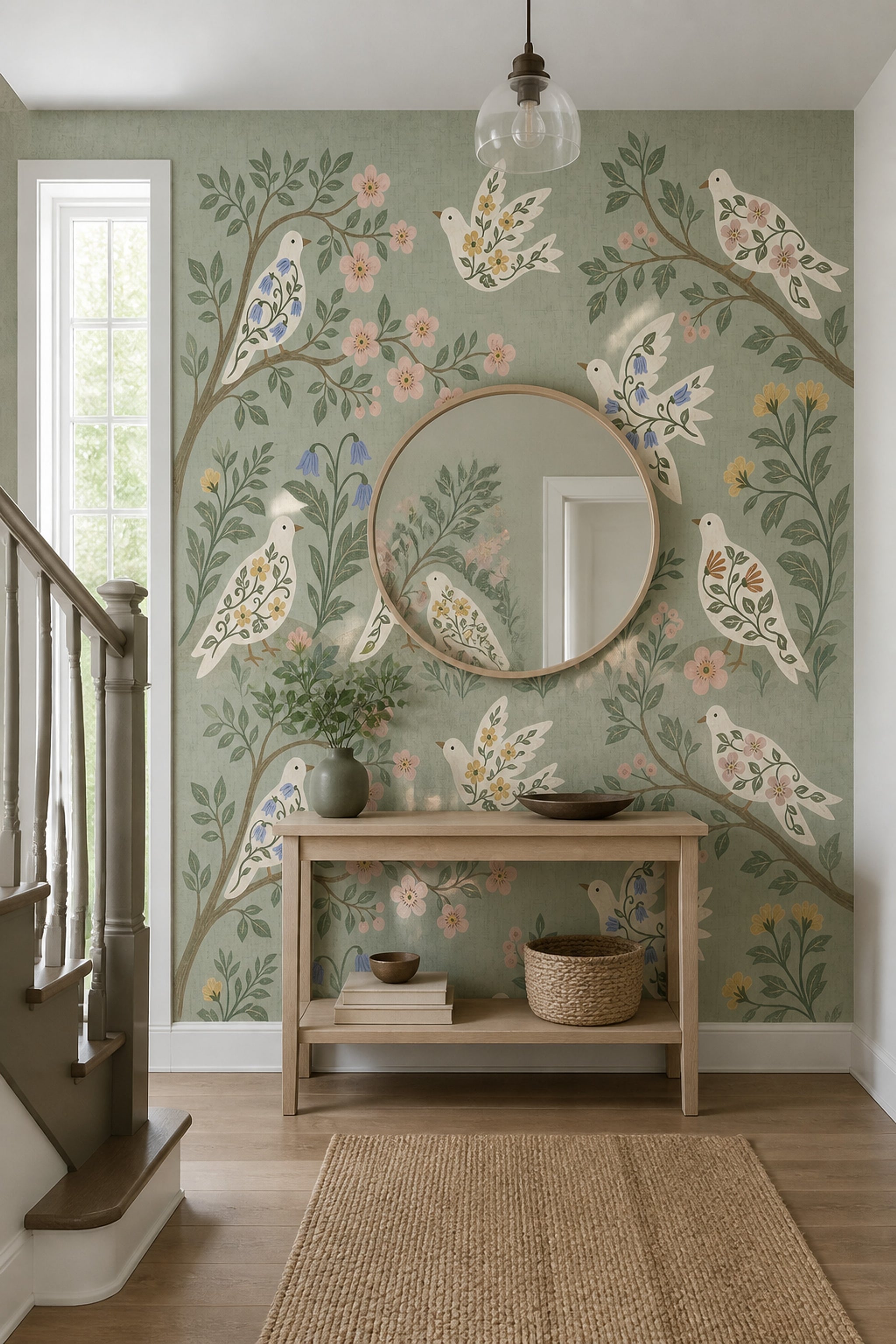 Floral Birds Wallpaper Botanical Removable Folk Art Wall Decor