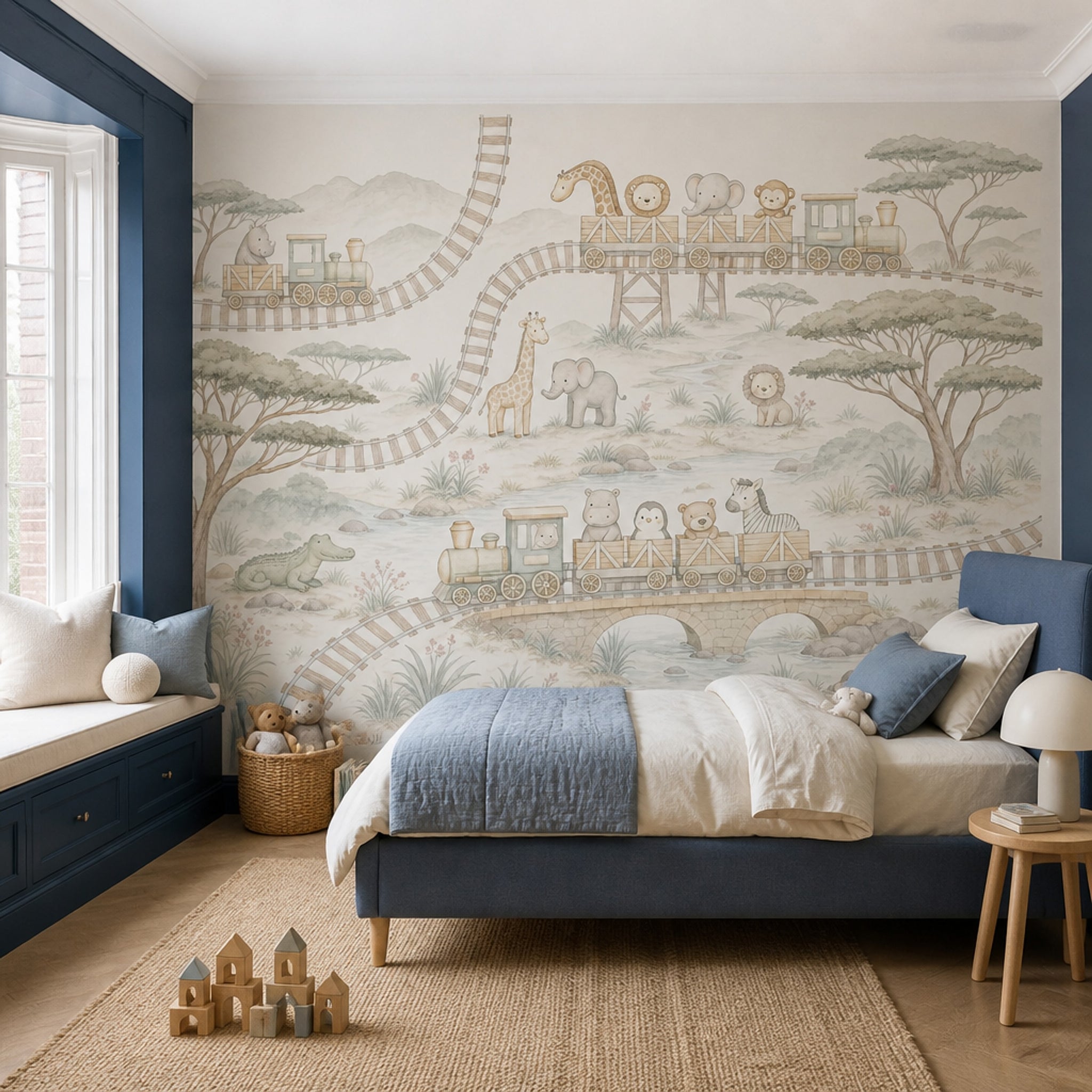 Safari Train Wallpaper Nursery Wallpaper Watercolor Animals Removable Wall Decor