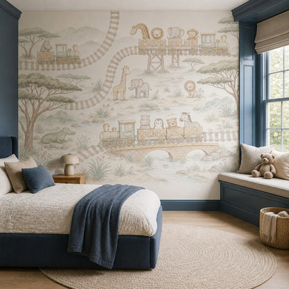 Safari Train Wallpaper Nursery Wallpaper Watercolor Animals Removable Wall Decor