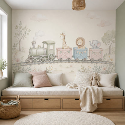 Nursery Train Wallpaper Watercolor Animals Removable Safari Animals Wall Decor