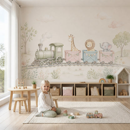 Nursery Train Wallpaper Watercolor Animals Removable Safari Animals Wall Decor