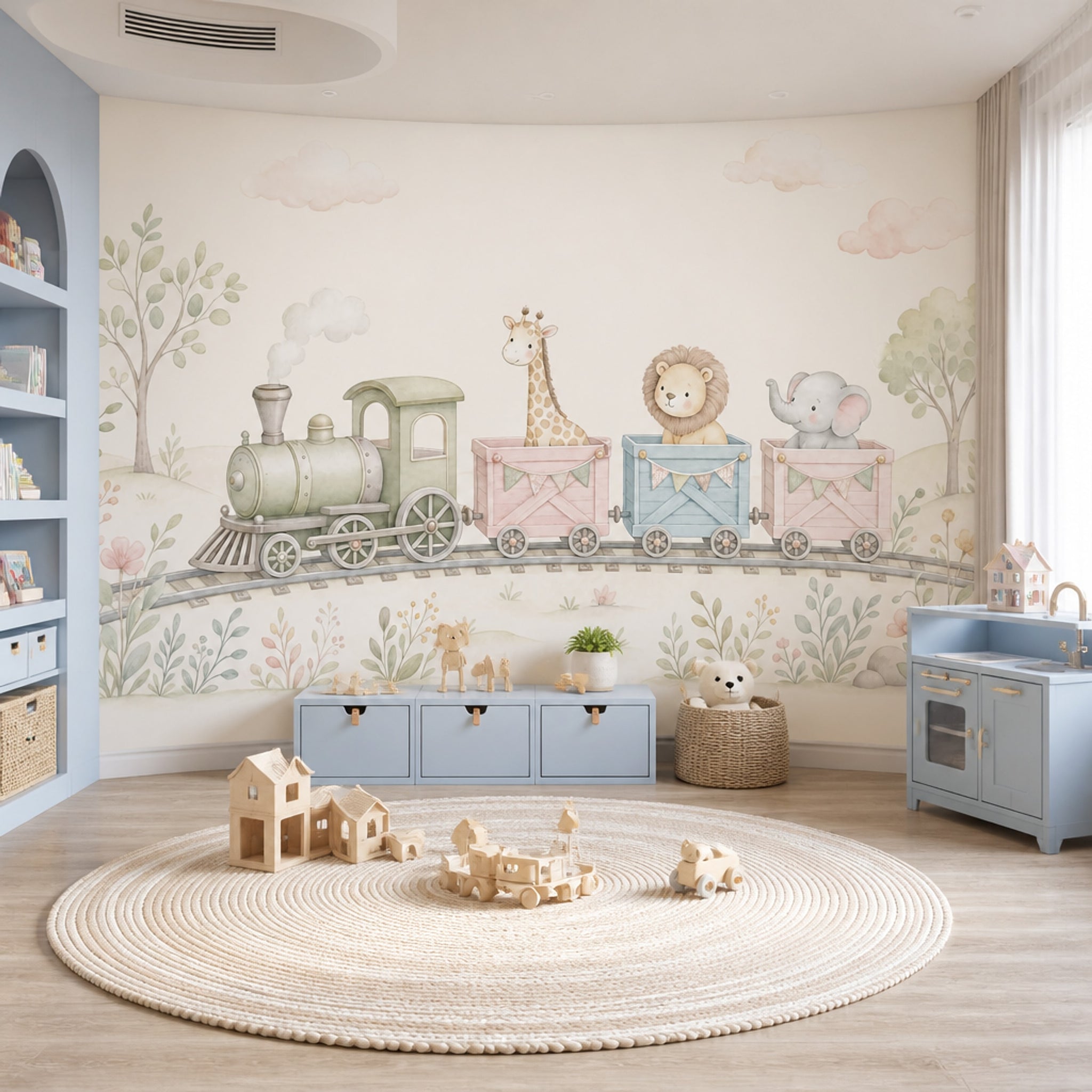 Nursery Train Wallpaper Watercolor Animals Removable Safari Animals Wall Decor