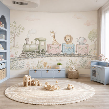 Nursery Train Wallpaper Watercolor Animals Removable Safari Animals Wall Decor