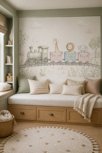 Nursery Train Wallpaper Watercolor Animals Removable Safari Animals Wall Decor