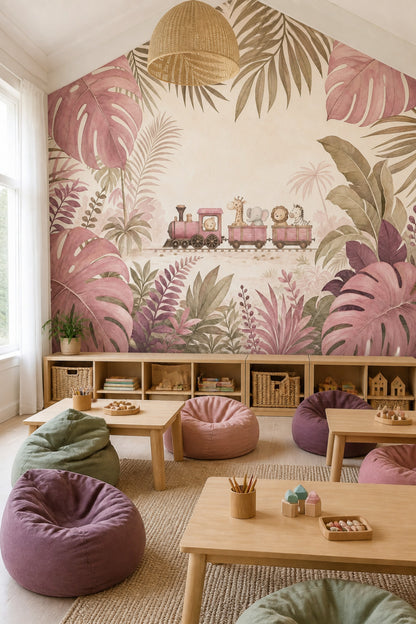 Jungle Train Wallpaper Safari Animals Removable Botanical Wall Decor