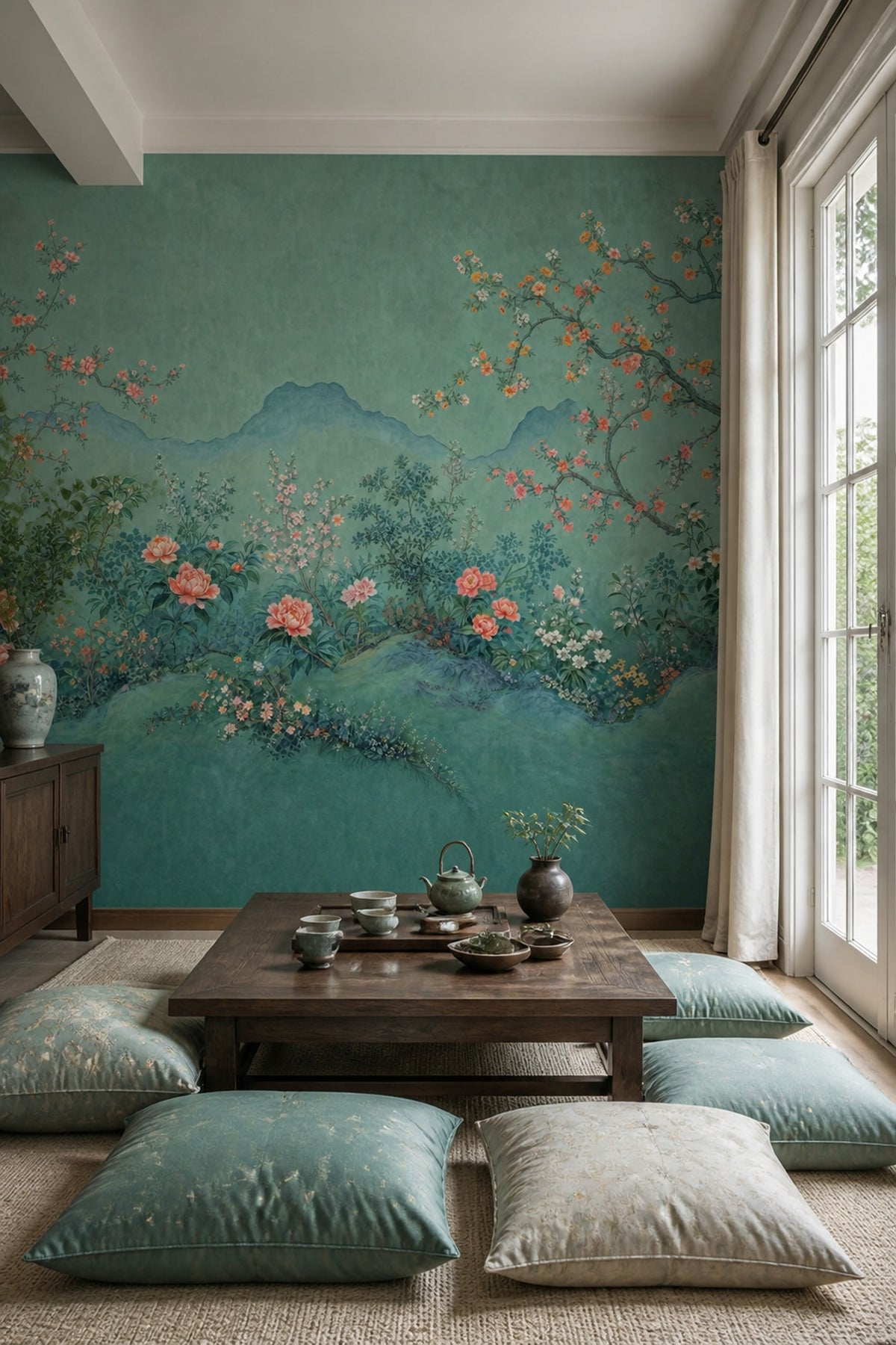 Chinoiserie Wallpaper Floral Landscape Teal Background Wall Mural