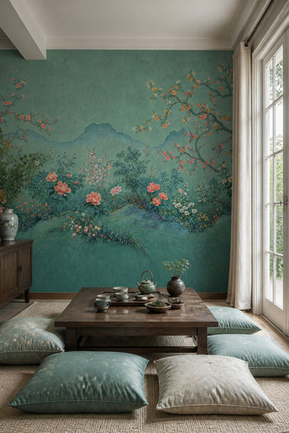 Chinoiserie Wallpaper Floral Landscape Teal Background Wall Mural