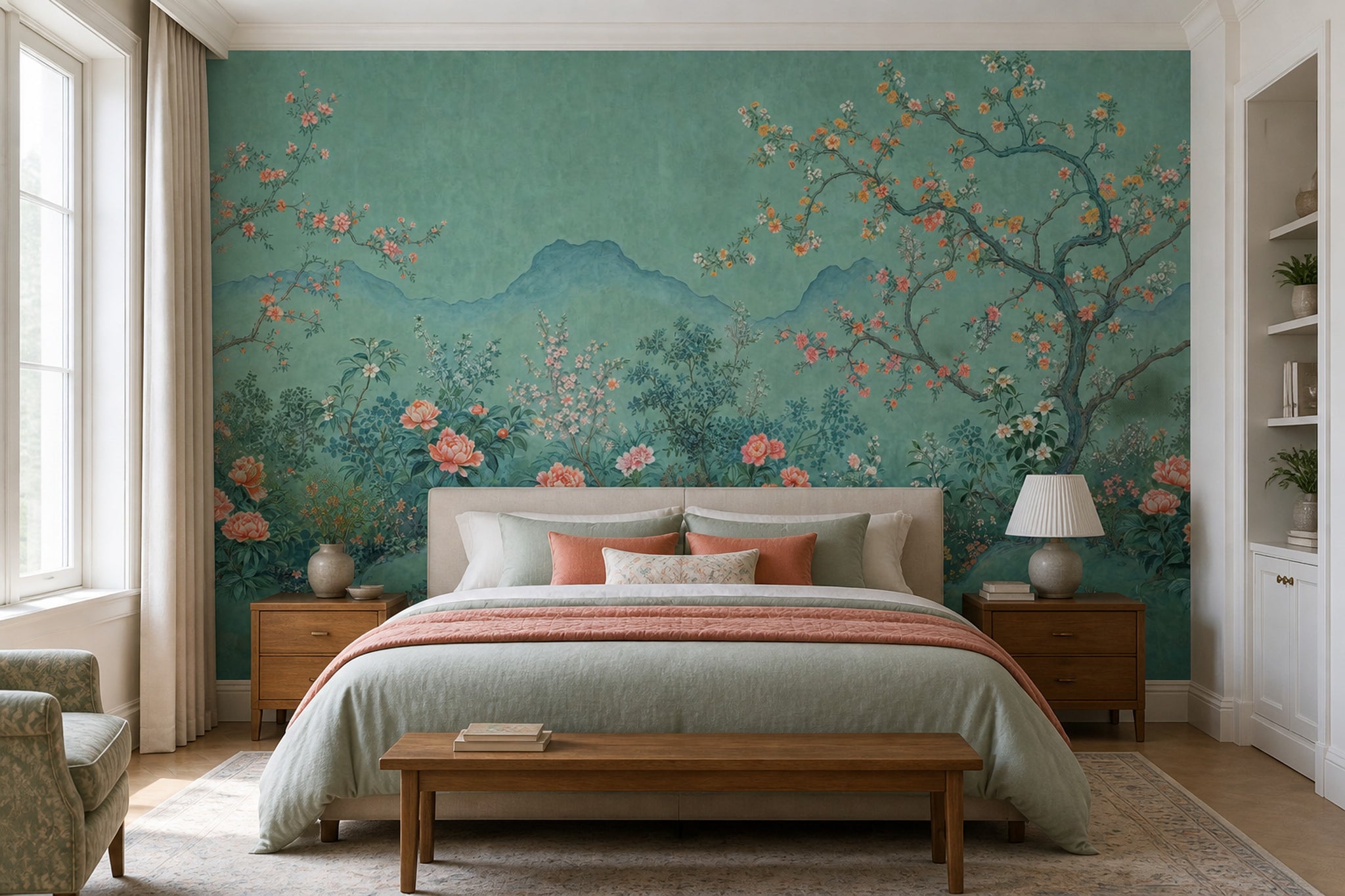 Chinoiserie Wallpaper Floral Landscape Teal Background Wall Mural