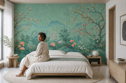 Chinoiserie Wallpaper Floral Landscape Teal Background Wall Mural