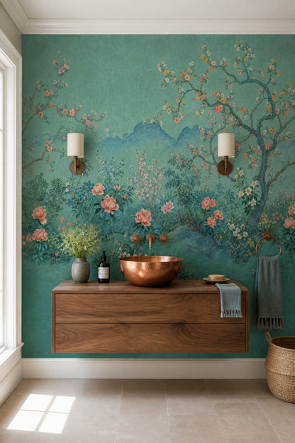 Chinoiserie Wallpaper Floral Landscape Teal Background Wall Mural