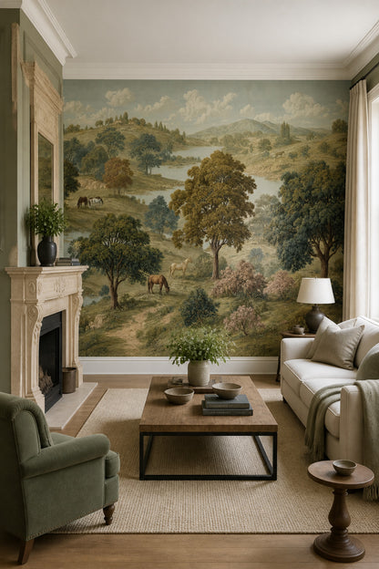 Pastoral Landscape Wallpaper Rolling Hills Removable Horses Wall Decor
