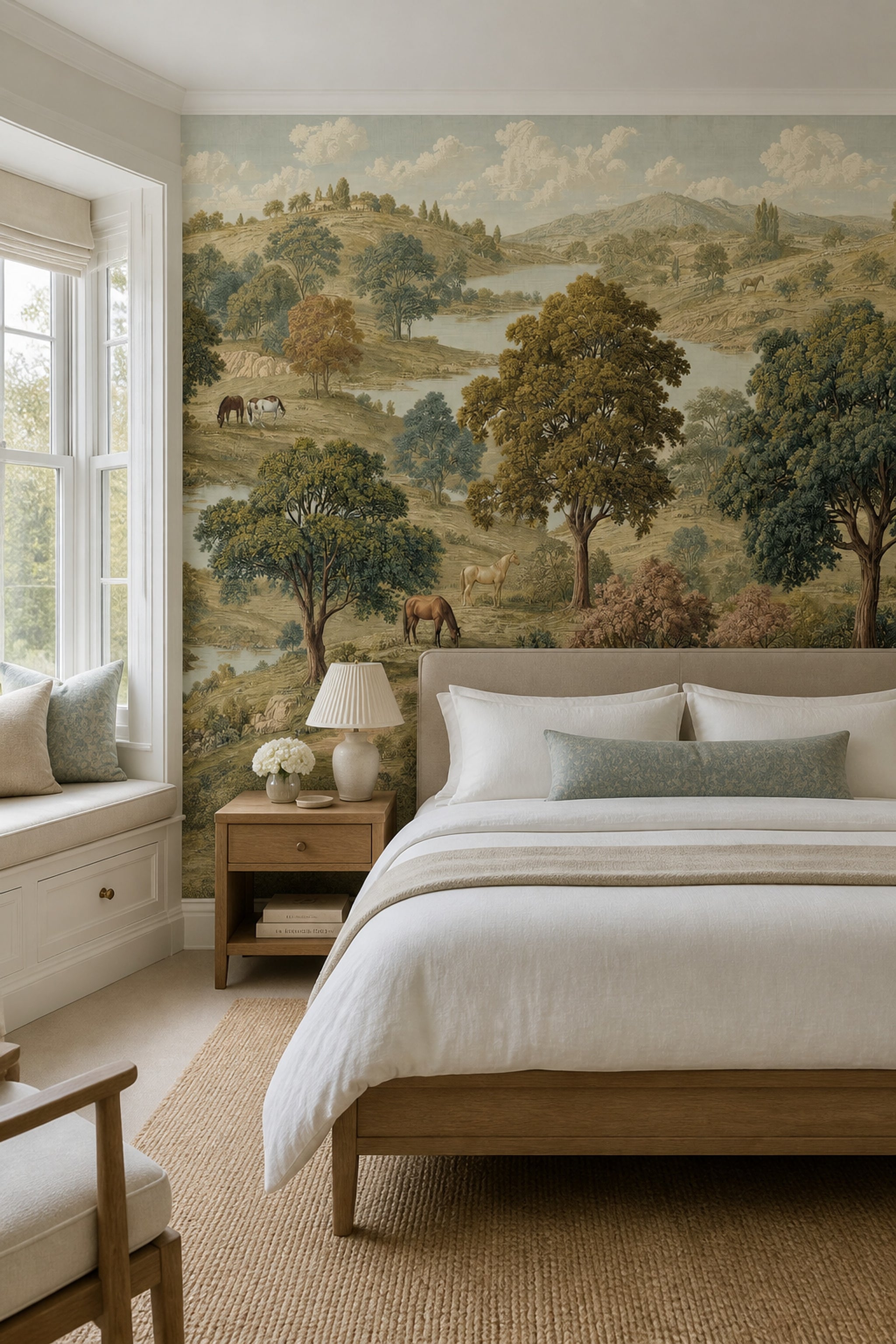 Pastoral Landscape Wallpaper Rolling Hills Removable Horses Wall Decor