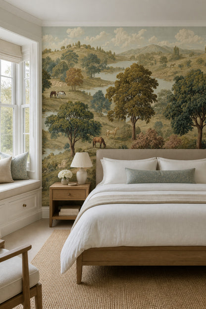 Pastoral Landscape Wallpaper Rolling Hills Removable Horses Wall Decor