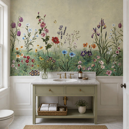 Muted Green Wallpaper Wildflower Botanical Removable Wall Decor