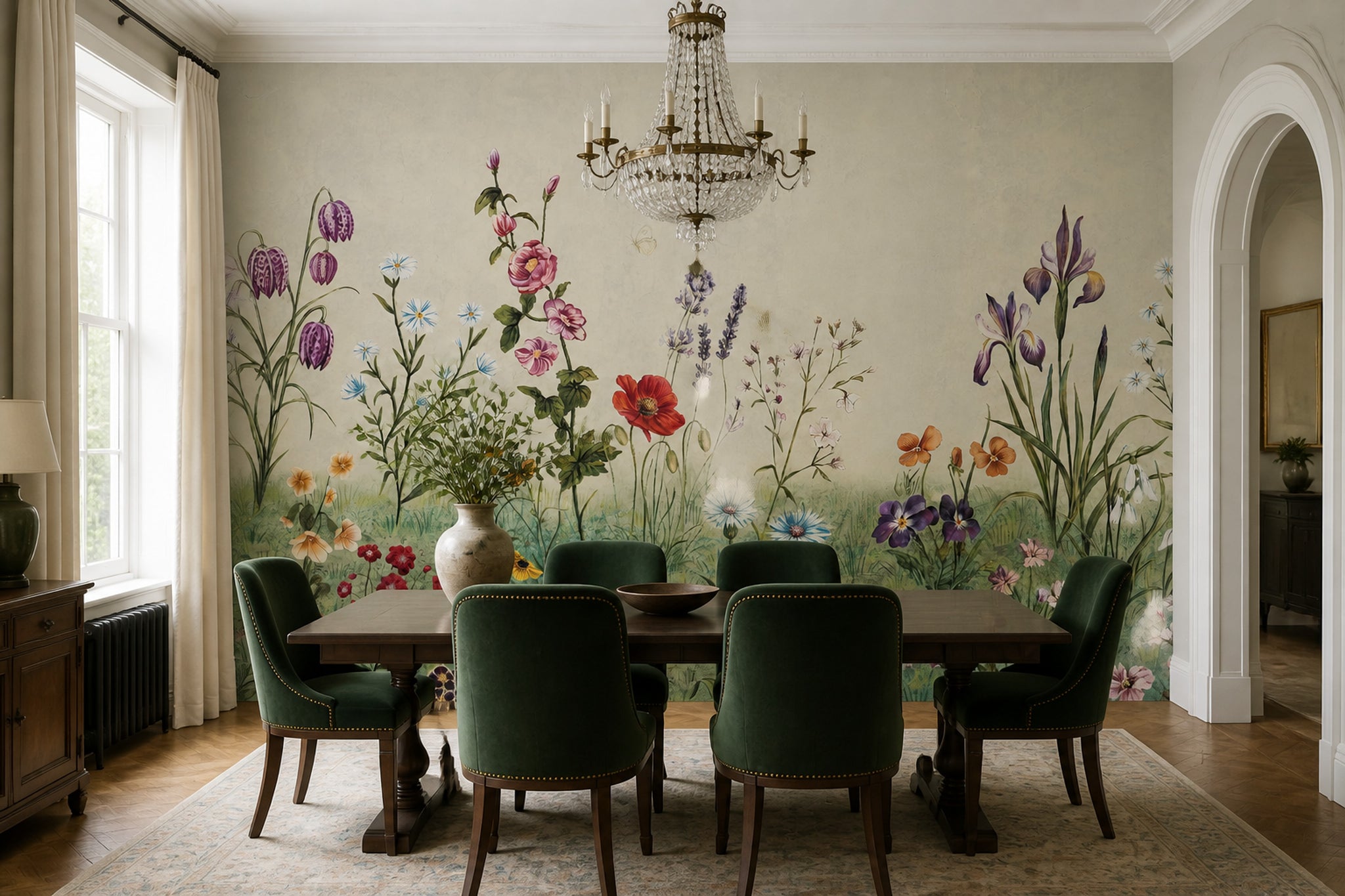 Muted Green Wallpaper Wildflower Botanical Removable Wall Decor
