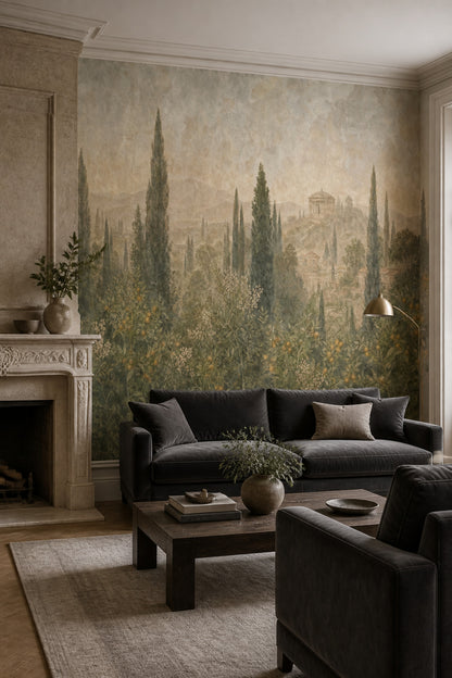 Muted Green Wallpaper Tuscan Landscape Vintage Wall Mural