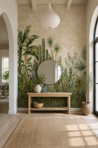 Tropical Botanical Wallpaper Green Foliage Removable Light Beige Background Wall Decor
