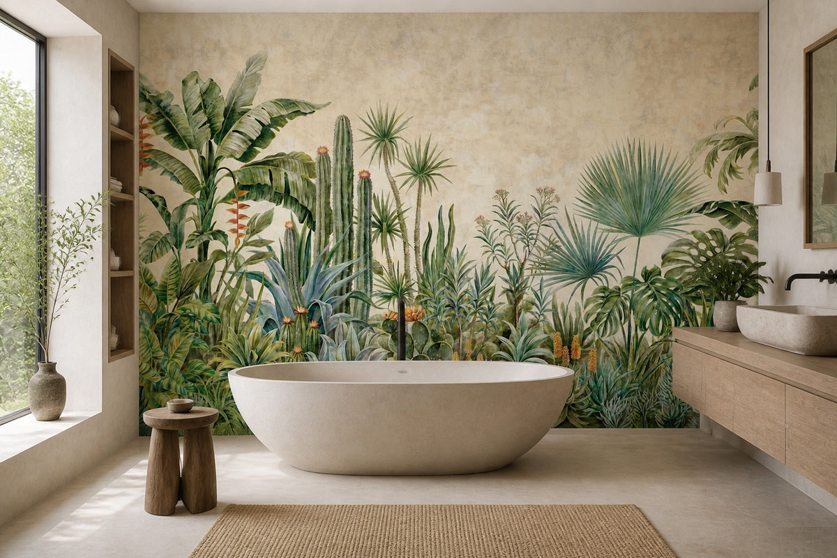 Tropical Botanical Wallpaper Green Foliage Removable Light Beige Background Wall Decor