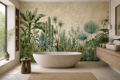 Tropical Botanical Wallpaper Green Foliage Removable Light Beige Background Wall Decor