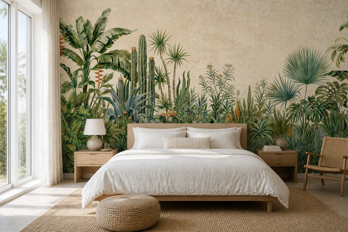 Tropical Botanical Wallpaper Green Foliage Removable Light Beige Background Wall Decor