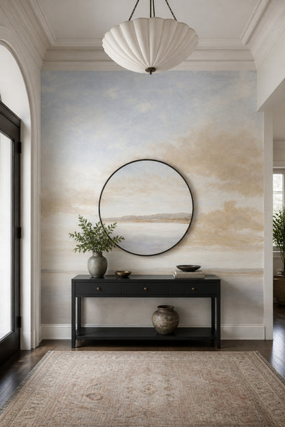 Coastal Landscape Wallpaper Pale Blue Sky Removable Soft Clouds Wall Decor