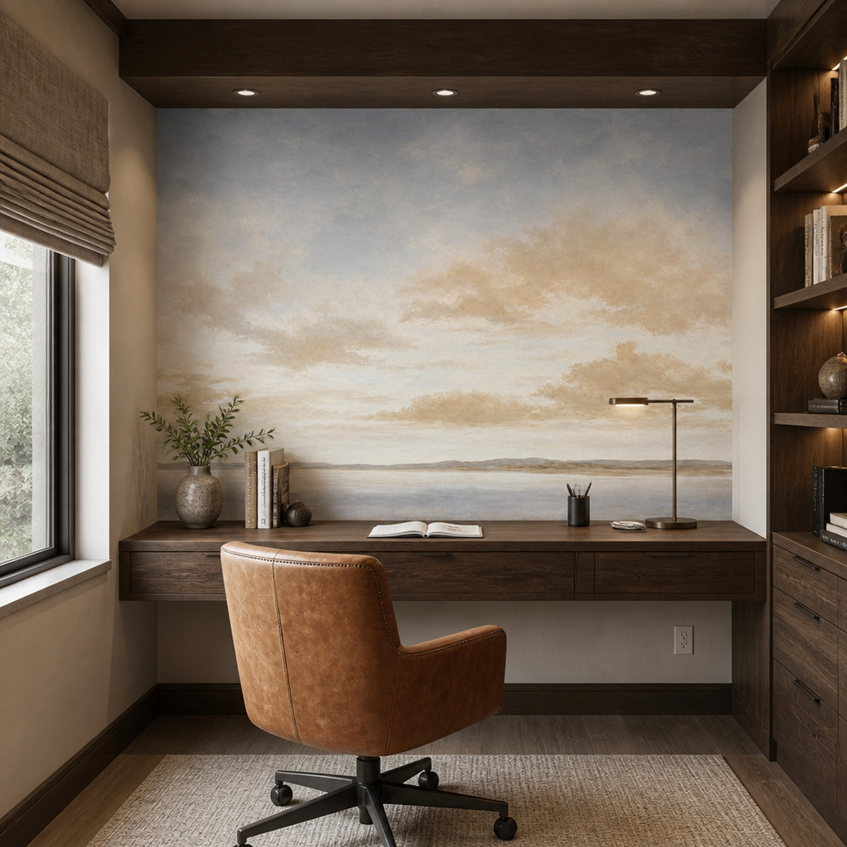 Coastal Landscape Wallpaper Pale Blue Sky Removable Soft Clouds Wall Decor