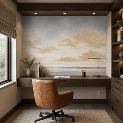 Coastal Landscape Wallpaper Pale Blue Sky Removable Soft Clouds Wall Decor