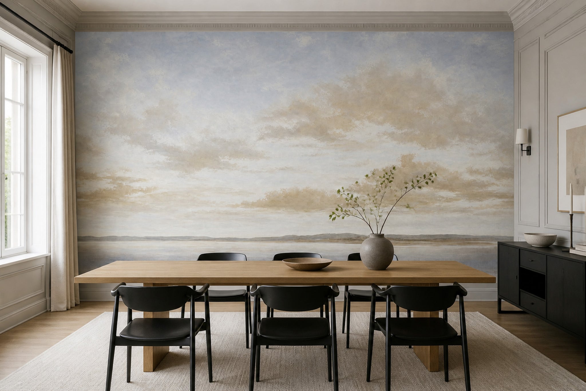 Coastal Landscape Wallpaper Pale Blue Sky Removable Soft Clouds Wall Decor