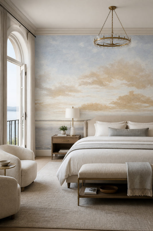 Coastal Landscape Wallpaper Pale Blue Sky Removable Soft Clouds Wall Decor