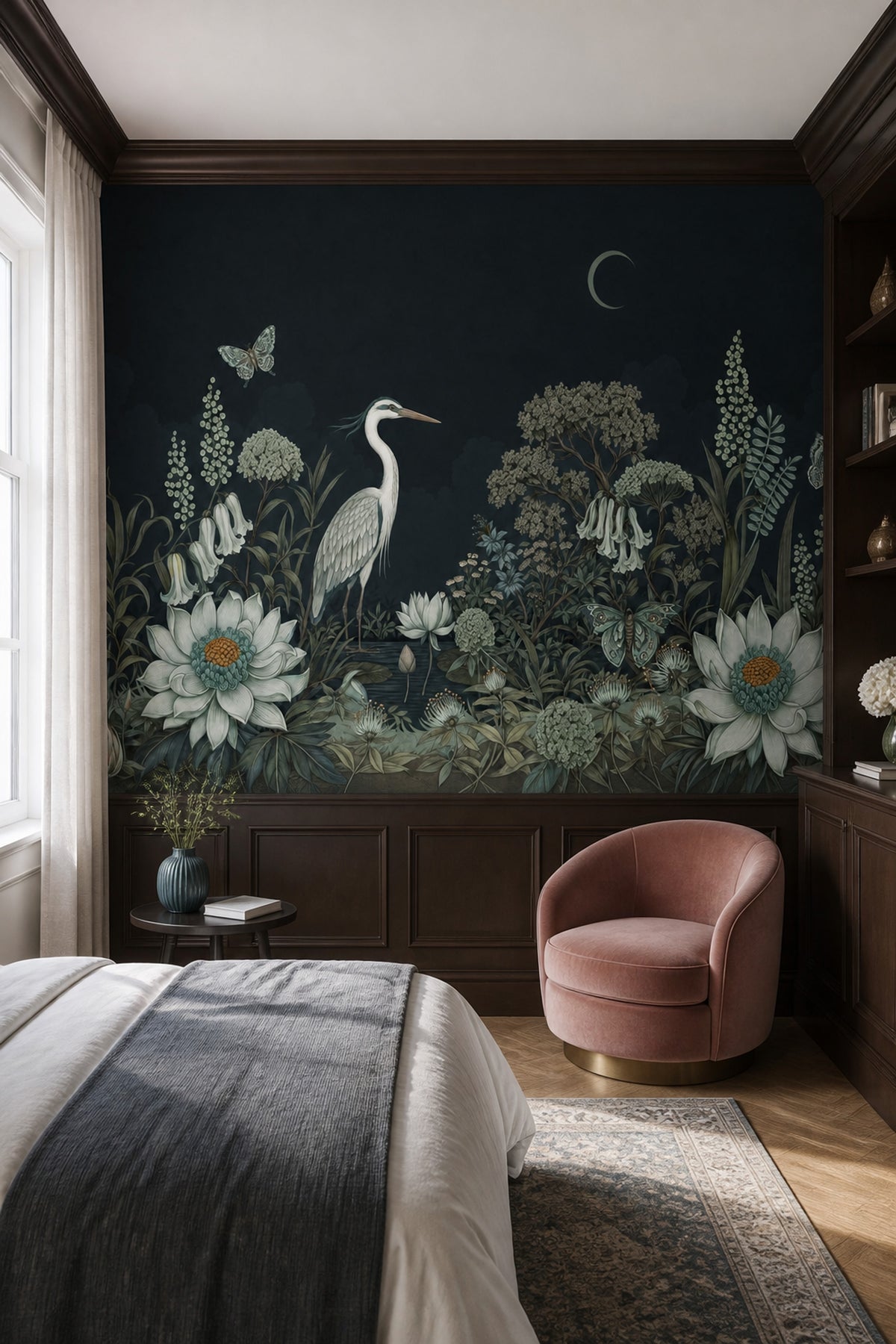 Dark Botanical Wallpaper Floral Landscape Heron Wall Mural