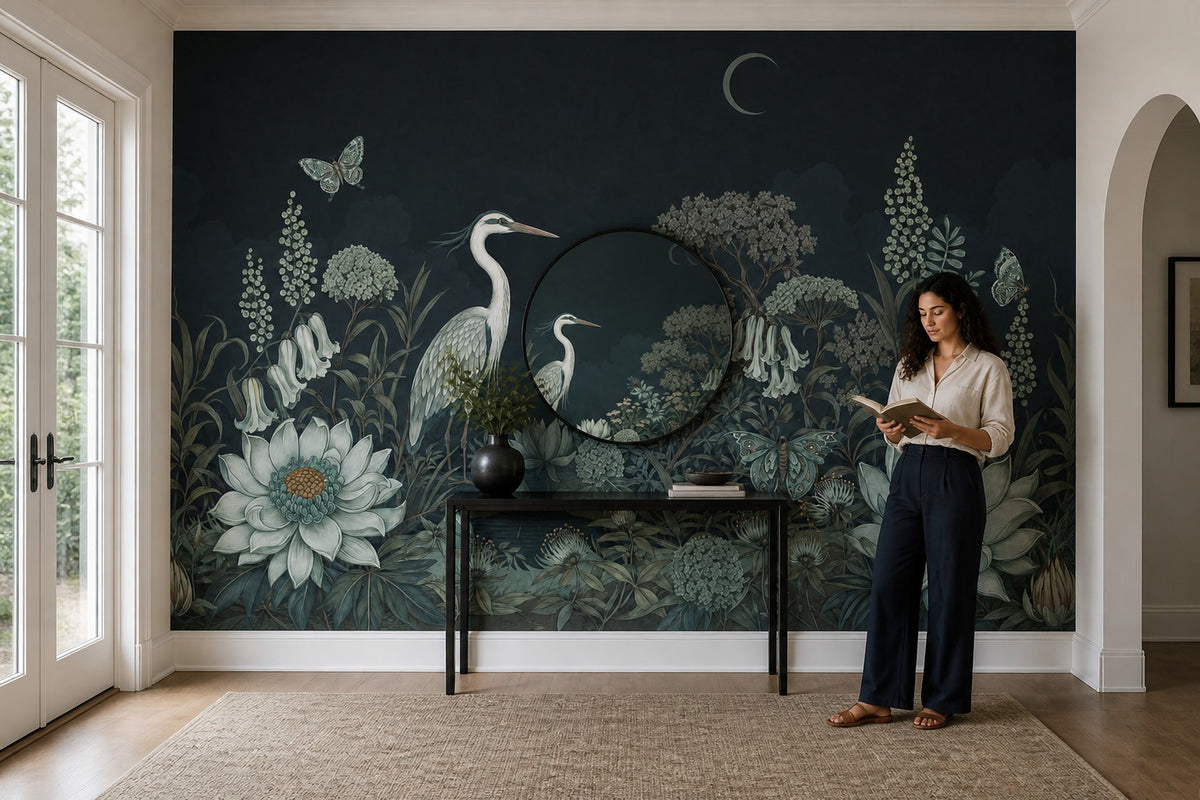 Dark Botanical Wallpaper Floral Landscape Heron Wall Mural