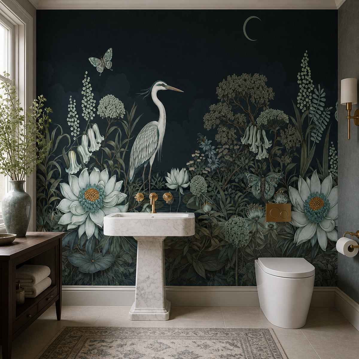 Dark Botanical Wallpaper Floral Landscape Heron Wall Mural