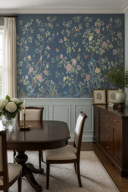 Chinoiserie Wallpaper Dark Blue Removable Peonies Wall Decor