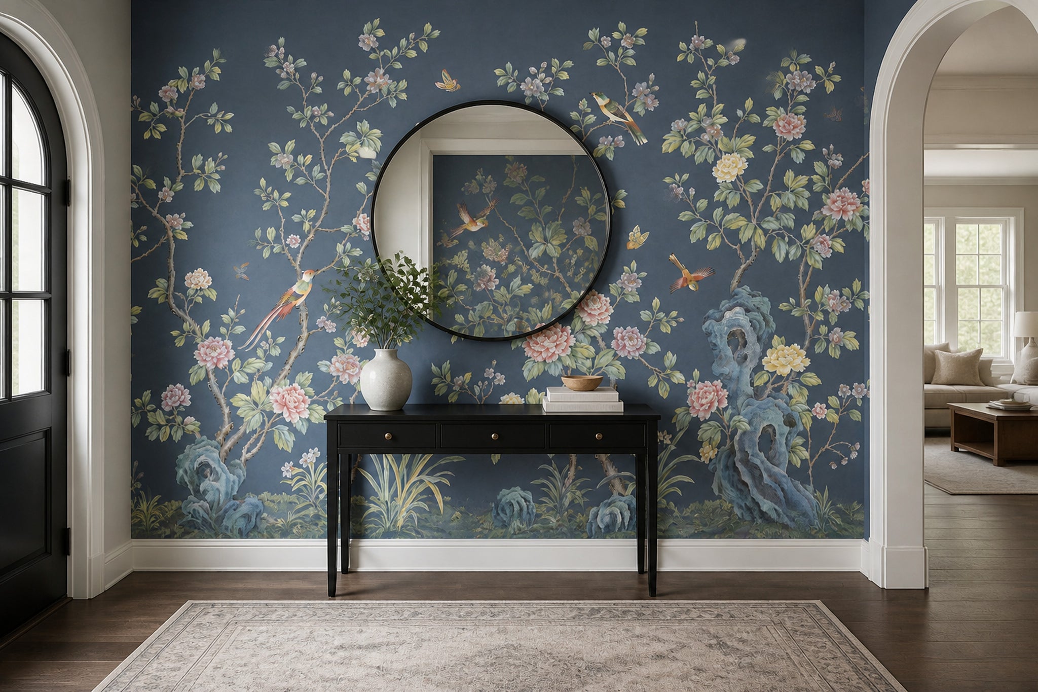 Chinoiserie Wallpaper Dark Blue Removable Peonies Wall Decor