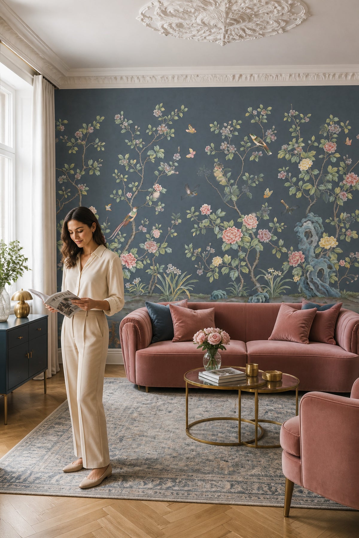 Chinoiserie Wallpaper Dark Blue Removable Peonies Wall Decor