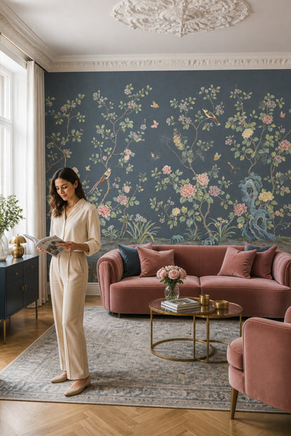 Chinoiserie Wallpaper Dark Blue Removable Peonies Wall Decor