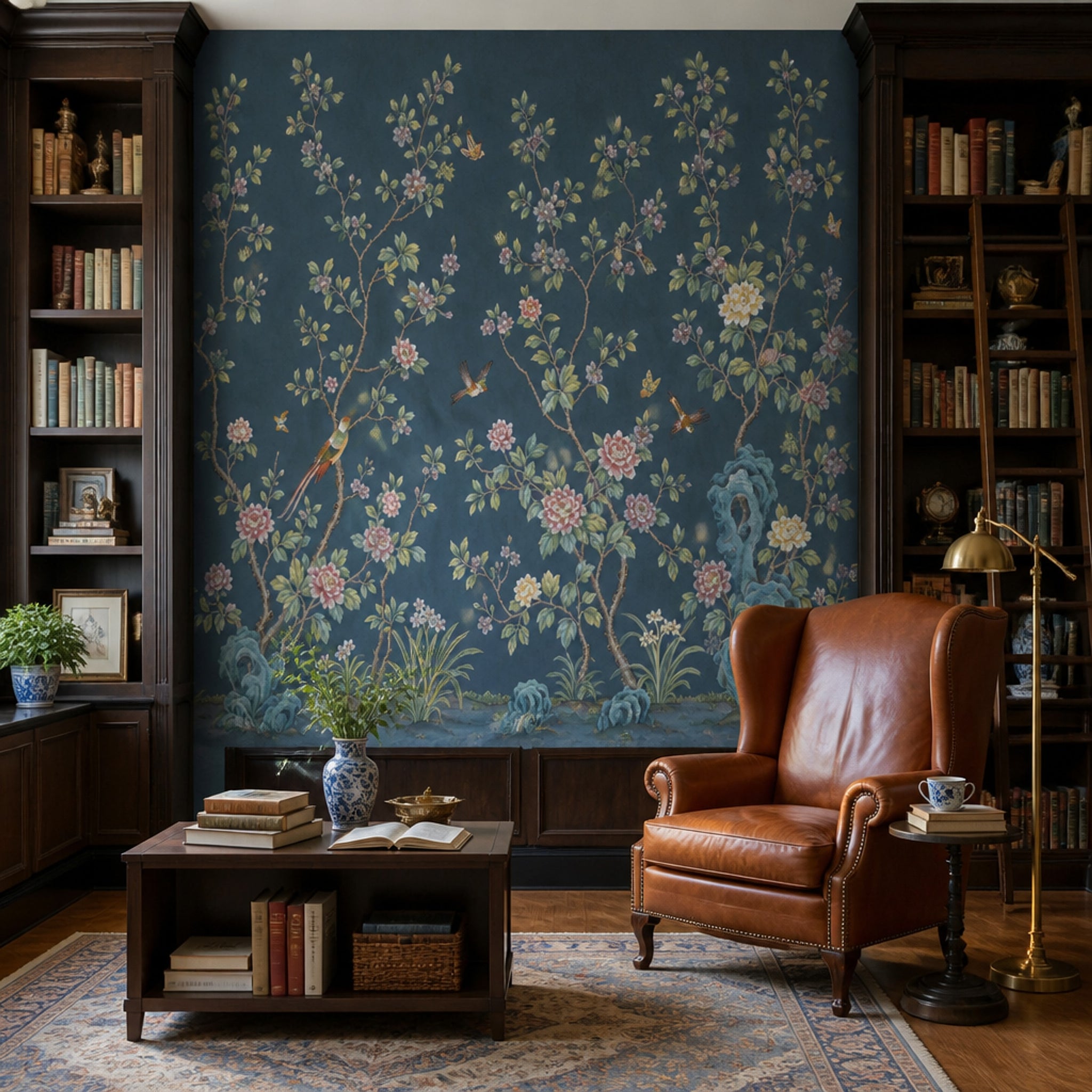 Chinoiserie Wallpaper Dark Blue Removable Peonies Wall Decor