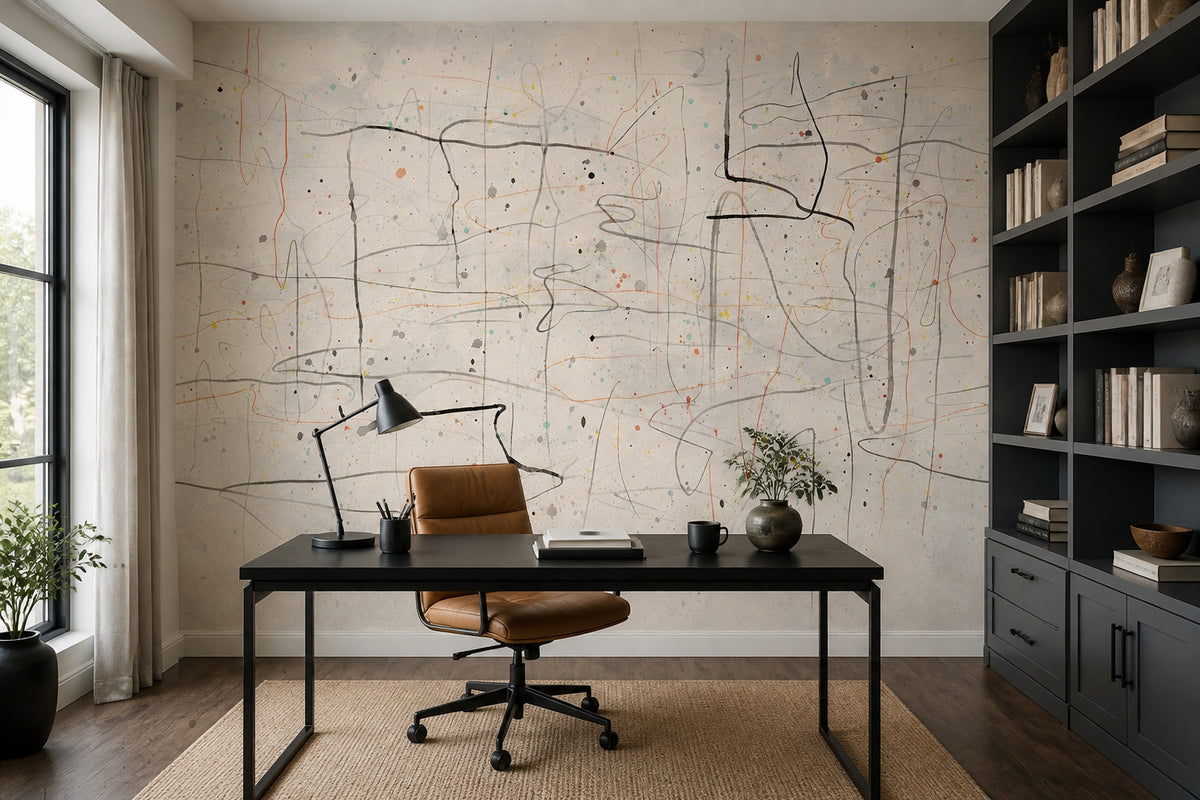 Paint Splatter Wallpaper Scribble Lines Cream Background Removable Wall Decor