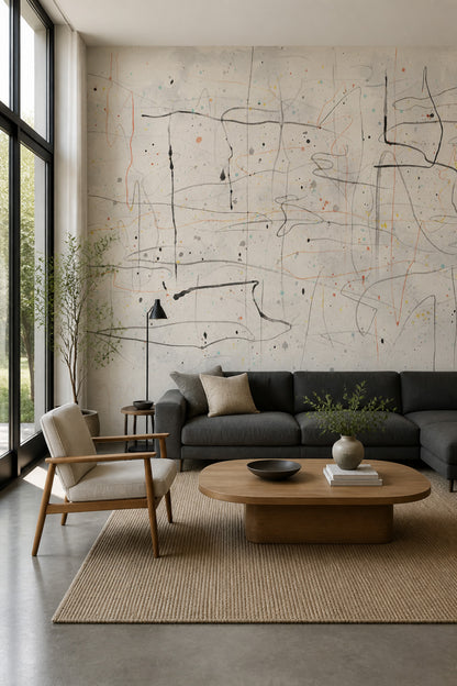 Paint Splatter Wallpaper Scribble Lines Cream Background Removable Wall Decor