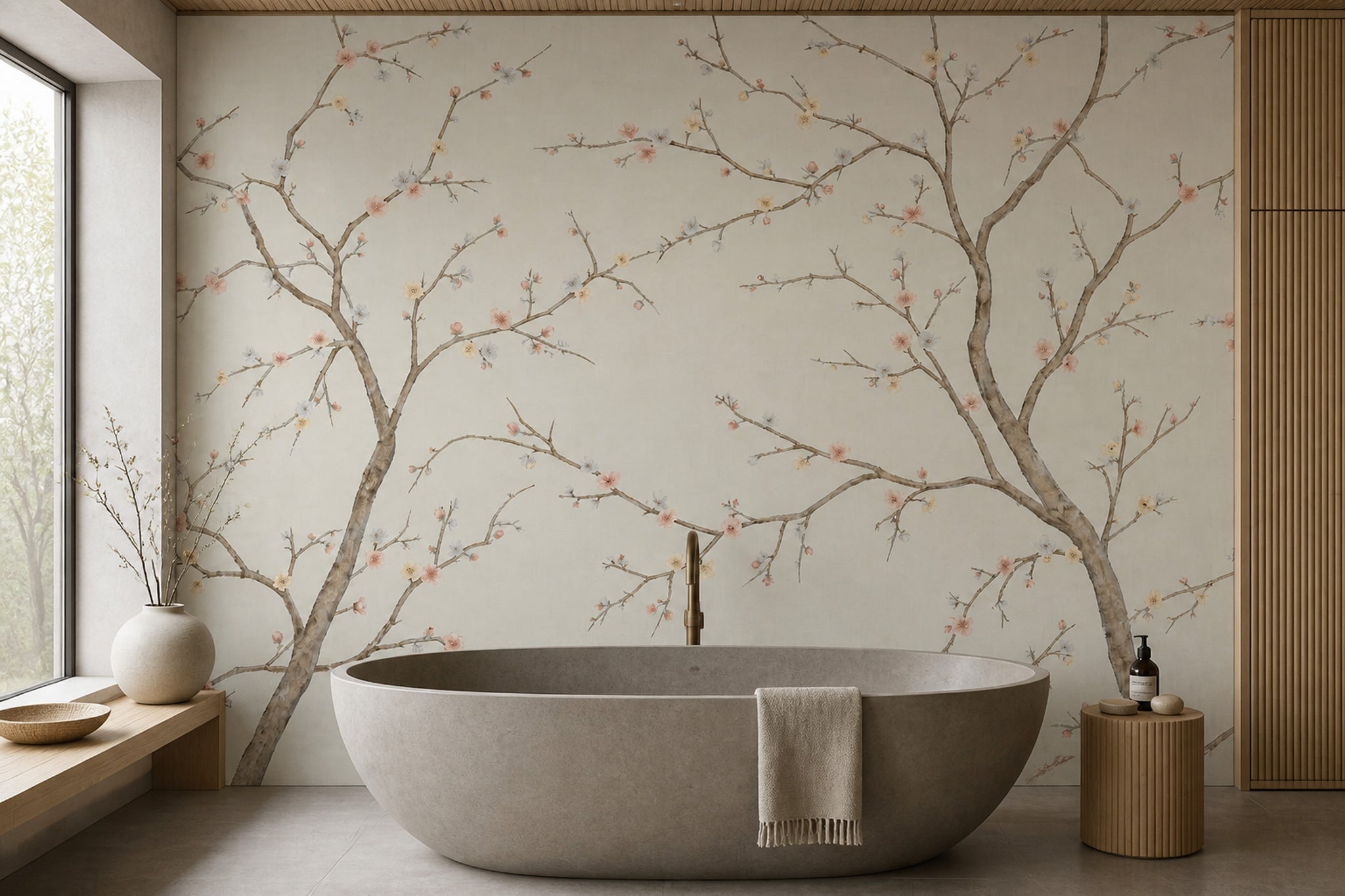 Cherry Blossoms Wallpaper Flowering Branches Ivory Background Wall Mural