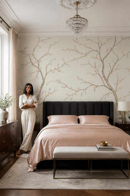 Cherry Blossoms Wallpaper Flowering Branches Ivory Background Wall Mural