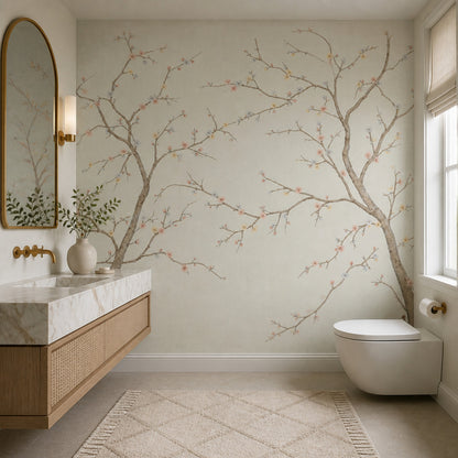 Cherry Blossoms Wallpaper Flowering Branches Ivory Background Wall Mural